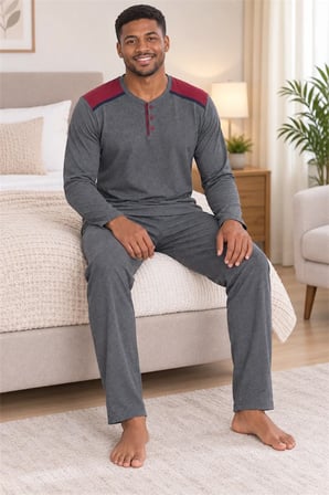 Erkek İnterlok Rahat Kalıp Ekoseli Yuvarlak Yaka Pamuk Pijama Takımı 6854-1
