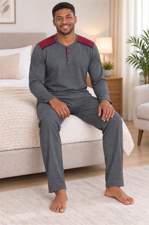 Erkek İnterlok Rahat Kalıp Ekoseli Yuvarlak Yaka Pamuk Pijama Takımı 6854-1