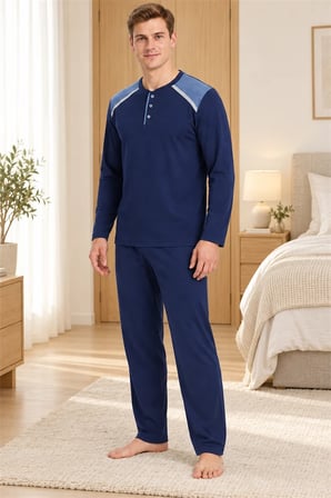 Erkek İnterlok Rahat Kalıp Ekoseli Yuvarlak Yaka Pamuk Pijama Takımı 6854-1