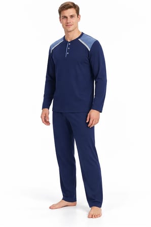 Erkek İnterlok Rahat Kalıp Ekoseli Yuvarlak Yaka Pamuk Pijama Takımı 6854-1