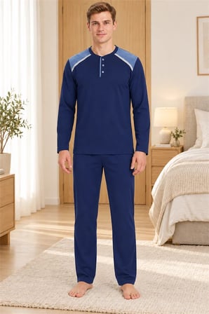 Erkek İnterlok Rahat Kalıp Ekoseli Yuvarlak Yaka Pamuk Pijama Takımı 6854-1