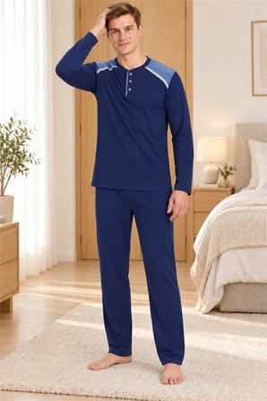 Erkek İnterlok Rahat Kalıp Ekoseli Yuvarlak Yaka Pamuk Pijama Takımı 6854-1