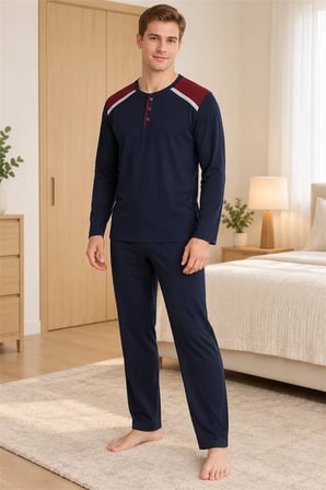 Erkek İnterlok Rahat Kalıp Ekoseli Yuvarlak Yaka Pamuk Pijama Takımı 6854-1