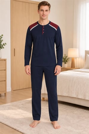Erkek İnterlok Rahat Kalıp Ekoseli Yuvarlak Yaka Pamuk Pijama Takımı 6854-1