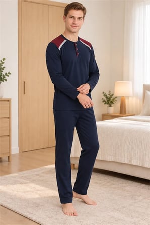 Erkek İnterlok Rahat Kalıp Ekoseli Yuvarlak Yaka Pamuk Pijama Takımı 6854-1