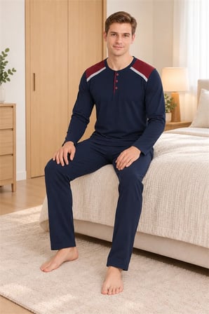 Erkek İnterlok Rahat Kalıp Ekoseli Yuvarlak Yaka Pamuk Pijama Takımı 6854-1