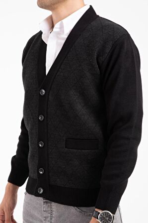 Erkek Orta Yaş ve Üzeri Triko Örgü Akrilik Kışlık Baba Hırka 2057-Siyah Düğmeli