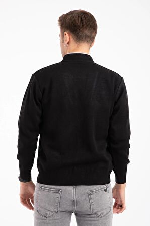 Erkek Orta Yaş ve Üzeri Triko Örgü Akrilik Kışlık Baba Hırka 2057-Siyah Düğmeli