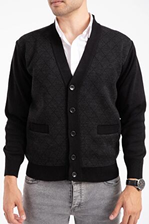 Erkek Orta Yaş ve Üzeri Triko Örgü Akrilik Kışlık Baba Hırka 2057-Siyah Düğmeli