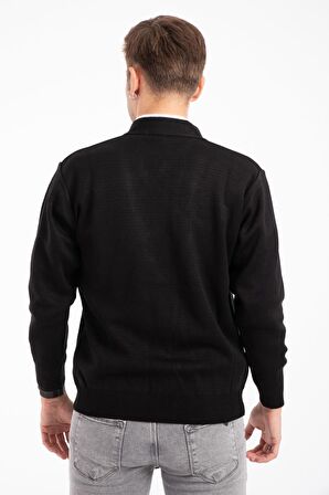 Erkek Orta Yaş ve Üzeri Triko Örgü Akrilik Kışlık Baba Hırka 2062-Siyah-Düğmeli