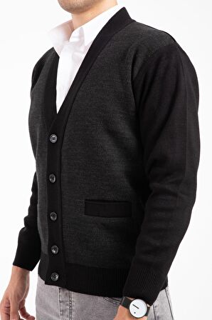 Erkek Orta Yaş ve Üzeri Triko Örgü Akrilik Kışlık Baba Hırka 2062-Siyah-Düğmeli