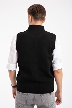 Erkek Orta Yaş ve Üzeri Triko Örgü Akrilik Kışlık Baba Fermuarlı Yelek 2073-Siyah