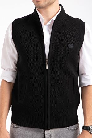 Erkek Orta Yaş ve Üzeri Triko Örgü Akrilik Kışlık Baba Fermuarlı Yelek 2073-Siyah