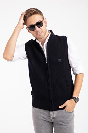 Erkek Orta Yaş ve Üzeri Triko Örgü Akrilik Kışlık Baba Fermuarlı Yelek 2073-Lacivert