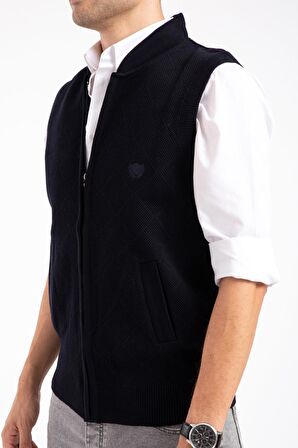 Erkek Orta Yaş ve Üzeri Triko Örgü Akrilik Kışlık Baba Fermuarlı Yelek 2073-Lacivert