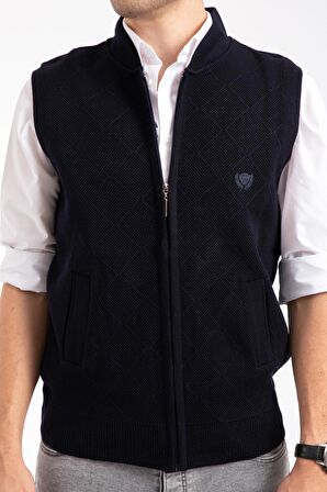 Erkek Orta Yaş ve Üzeri Triko Örgü Akrilik Kışlık Baba Fermuarlı Yelek 2073-Lacivert