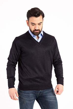 Erkek İnce Yün Triko Örgü Regular Baba V Yaka Kazak 5130