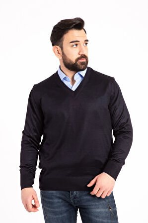 Erkek İnce Yün Triko Örgü Regular Baba V Yaka Kazak 5130