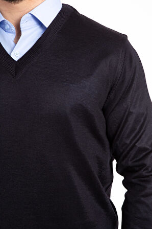 Erkek İnce Yün Triko Örgü Regular Baba V Yaka Kazak 5130