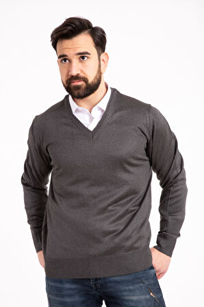 Erkek İnce Yün Triko Örgü Regular Baba V Yaka Kazak 5130