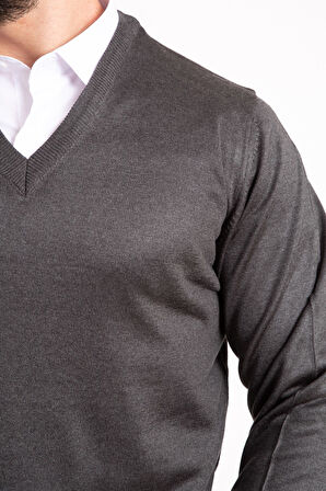 Erkek İnce Yün Triko Örgü Regular Baba V Yaka Kazak 5130