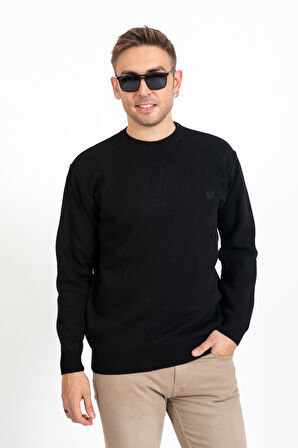 Erkek Orta Yaş ve Üzeri Sıkı Dokuma Triko Örgü Akrilik Kışlık Baba Yuvarlak Yaka Kazak 2050-Siyah