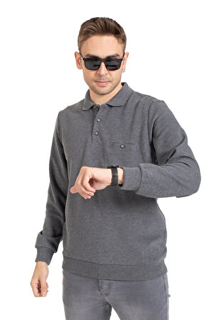 Erkek Klasik Regular Kalıp Pamuklu Selanik Polo Yaka Sweatshirt 1108-Gri