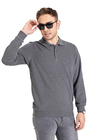 Erkek Klasik Regular Kalıp Pamuklu Selanik Polo Yaka Sweatshirt 1108-Gri