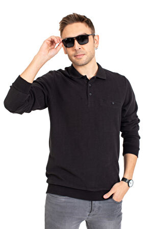 Erkek Klasik Regular Kalıp Pamuklu Selanik Polo Yaka Sweatshirt 1108-Siyah