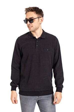 Erkek Klasik Regular Kalıp Pamuklu Selanik Polo Yaka Sweatshirt 1108-Siyah