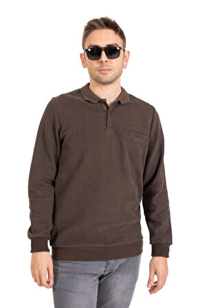 Erkek Klasik Regular Kalıp Pamuklu Selanik Polo Yaka Sweatshirt 1108-Kahve Rengi