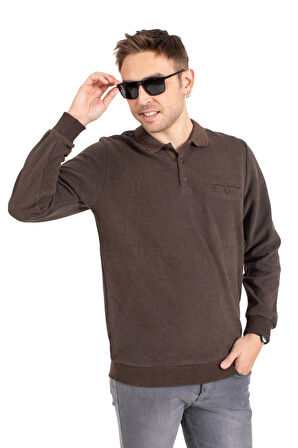 Erkek Klasik Regular Kalıp Pamuklu Selanik Polo Yaka Sweatshirt 1108-Kahve Rengi