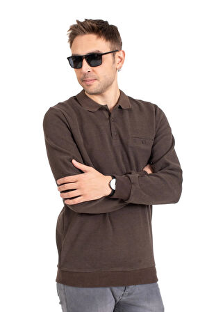 Erkek Klasik Regular Kalıp Pamuklu Selanik Polo Yaka Sweatshirt 1108-Kahve Rengi