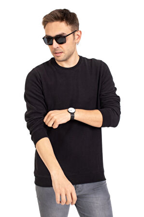 Erkek Klasik Regular Kalıp Pamuklu Selanik Yuvarlak Yaka Sweatshirt 1111-Siyah