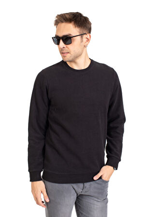 Erkek Klasik Regular Kalıp Pamuklu Selanik Yuvarlak Yaka Sweatshirt 1111-Siyah