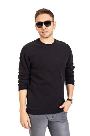 Erkek Klasik Regular Kalıp Pamuklu Selanik Yuvarlak Yaka Sweatshirt 1111-Siyah