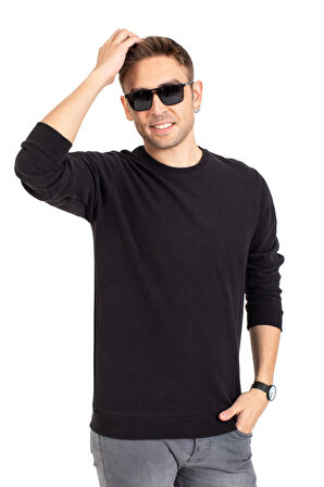 Erkek Klasik Regular Kalıp Pamuklu Selanik Yuvarlak Yaka Sweatshirt 1111-Siyah