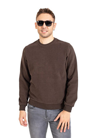 Erkek Klasik Regular Kalıp Pamuklu Selanik Yuvarlak Yaka Sweatshirt 1111-Kahve Rengi