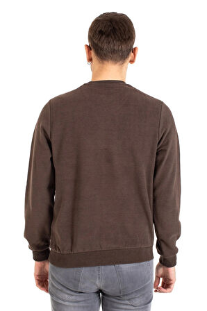 Erkek Klasik Regular Kalıp Pamuklu Selanik Yuvarlak Yaka Sweatshirt 1111-Kahve Rengi