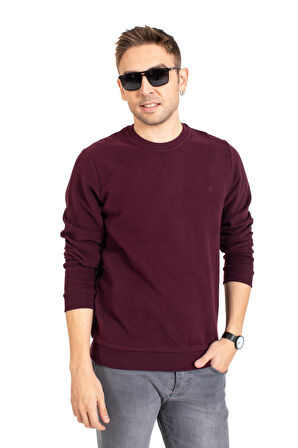 Erkek Klasik Regular Kalıp Pamuklu Selanik Yuvarlak Yaka Sweatshirt 1111-Bordo