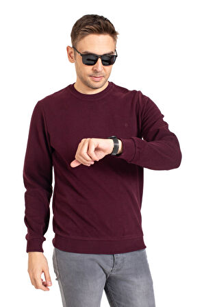Erkek Klasik Regular Kalıp Pamuklu Selanik Yuvarlak Yaka Sweatshirt 1111-Bordo