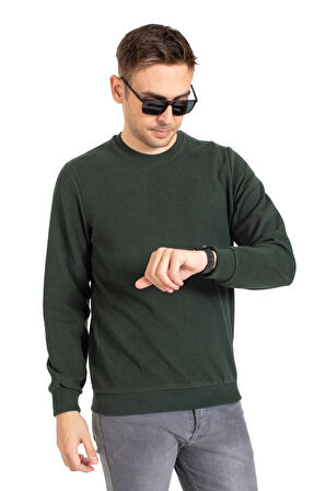 Erkek Klasik Regular Kalıp Pamuklu Selanik Yuvarlak Yaka Sweatshirt 1111-Haki Yeşili