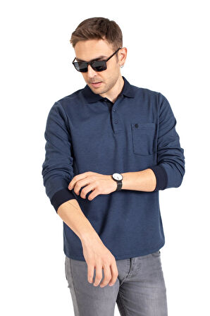 Erkek Orta Yaş ve Üzeri Polo Yaka Cepli Uzun Kollu Fitilli Mevsimlik Sweatshirt 1219-İndigo