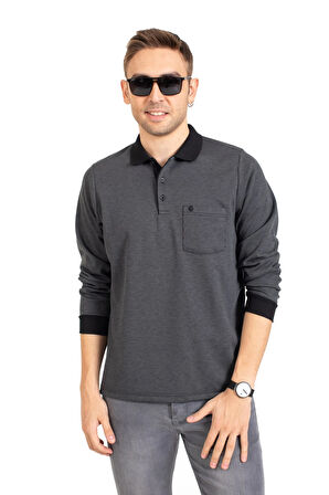 Erkek Orta Yaş ve Üzeri Polo Yaka Cepli Uzun Kollu Fitilli Mevsimlik Sweatshirt 1219-Füme