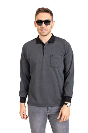 Erkek Orta Yaş ve Üzeri Polo Yaka Cepli Uzun Kollu Fitilli Mevsimlik Sweatshirt 1219-Füme