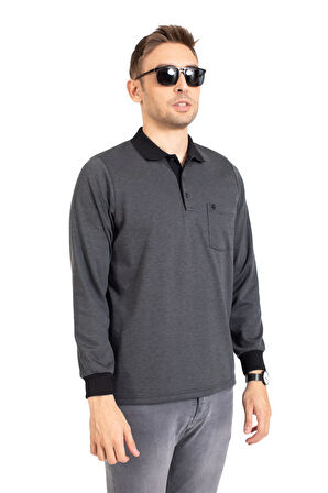 Erkek Orta Yaş ve Üzeri Polo Yaka Cepli Uzun Kollu Fitilli Mevsimlik Sweatshirt 1219-Füme