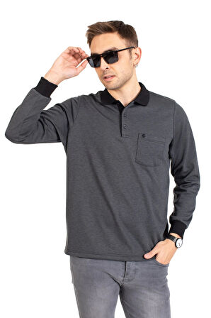 Erkek Orta Yaş ve Üzeri Polo Yaka Cepli Uzun Kollu Fitilli Mevsimlik Sweatshirt 1219-Füme