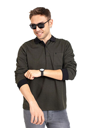 Erkek Orta Yaş ve Üzeri Polo Yaka Cepli Uzun Kollu Fitilli Mevsimlik Sweatshirt 1219-Haki Yeşili