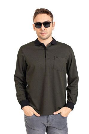 Erkek Orta Yaş ve Üzeri Polo Yaka Cepli Uzun Kollu Fitilli Mevsimlik Sweatshirt 1219-Haki Yeşili
