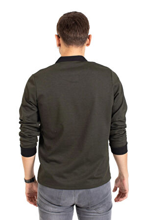 Erkek Orta Yaş ve Üzeri Polo Yaka Cepli Uzun Kollu Fitilli Mevsimlik Sweatshirt 1219-Haki Yeşili